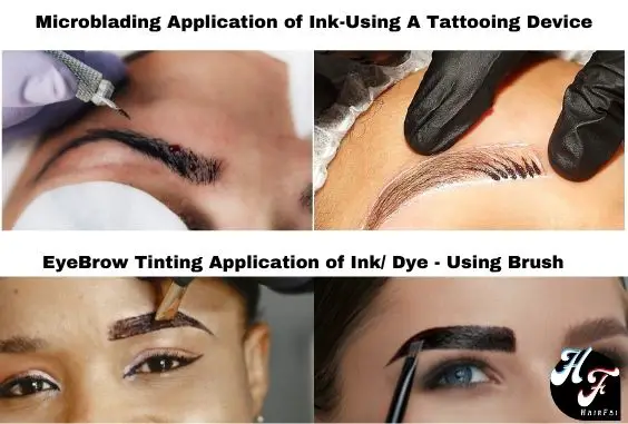 Image showing different application of ink for brow tinting vs microblading